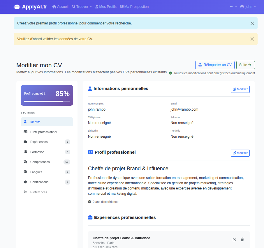 Éditeur de CV intelligent