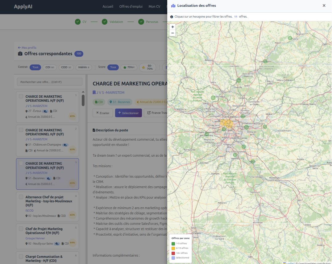 Carte des offres d'emploi ApplyAI